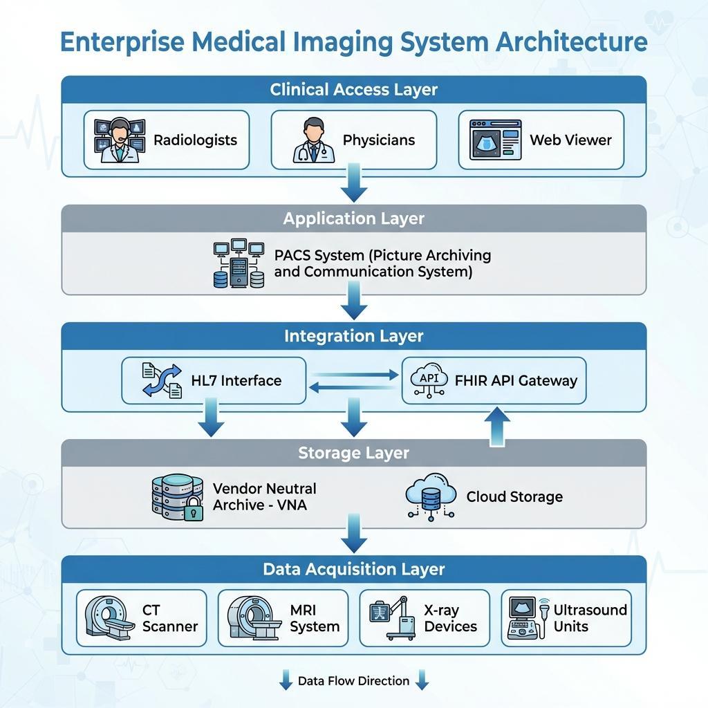 Medical imaging architecture diagram showing DICOM, PACS, VNA, and integration layers in cloud-based healthcare systems